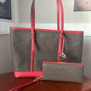Michael Kors Brown and Red Signature Tote with Wallet
